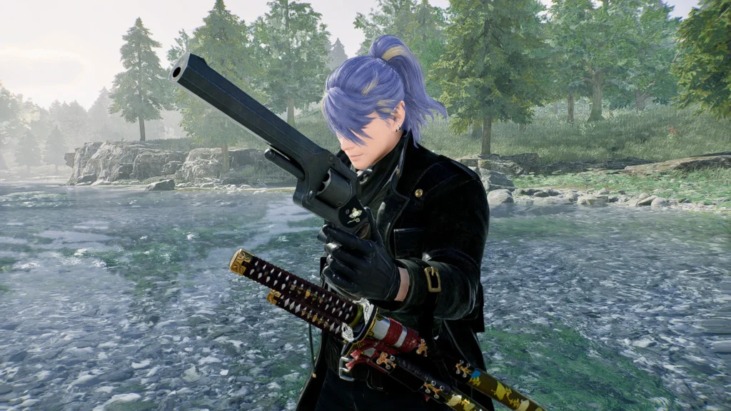 川に浸かってピストルくるくる